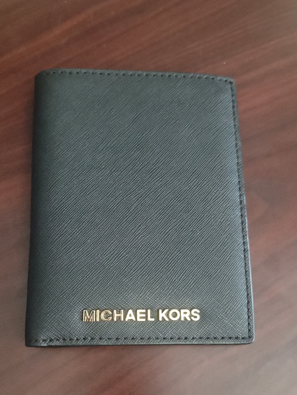 Michael Kors Black Leather Passport Holder with Gold Logo